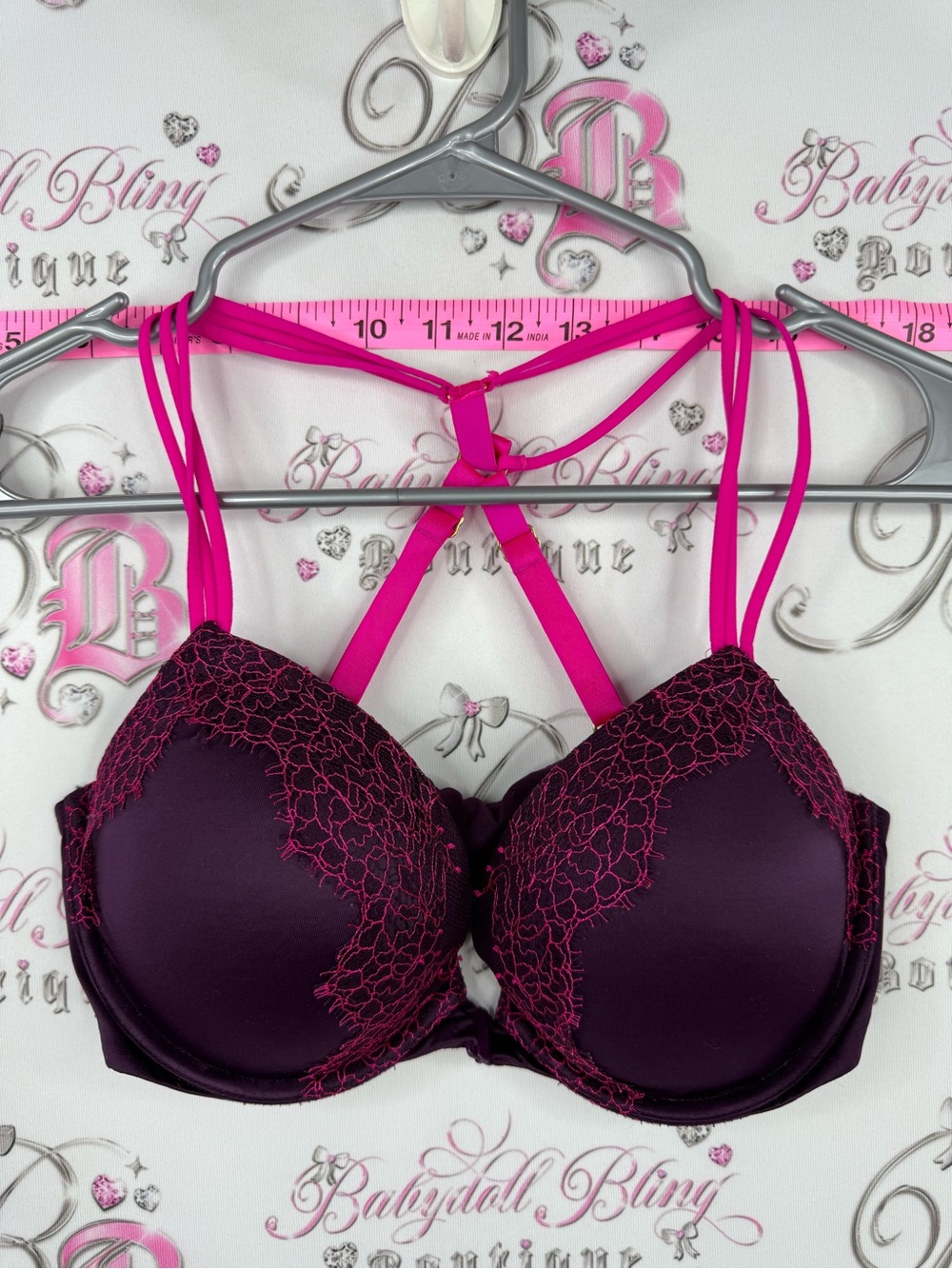 Victoria's Secret very sexy push up Plum Bra with Hot Pink Lace & Strappy Back